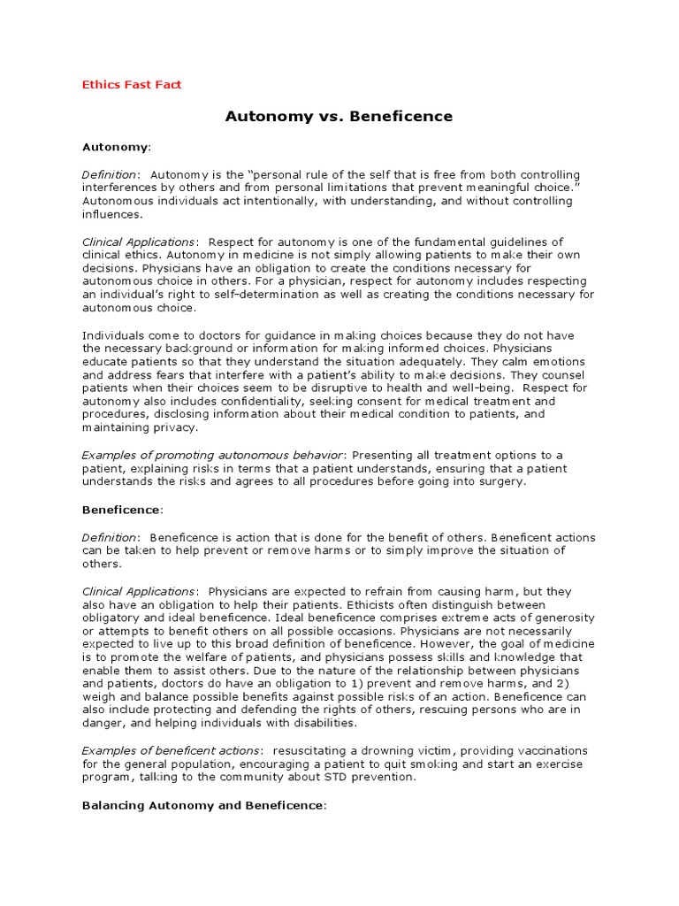 Autonomy Vs Beneficence | PDF | Autonomy | Medical Ethics