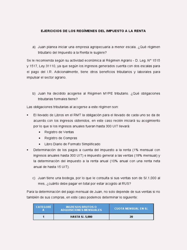 Ejercicios de Los Regímenes Del Impuesto A La Renta | PDF | Impuesto ...