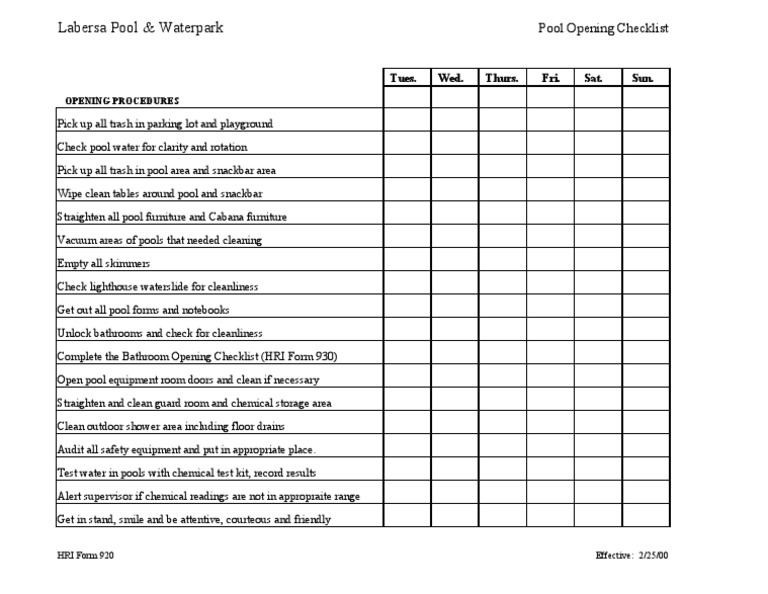 Pool Opening Checklist PDF