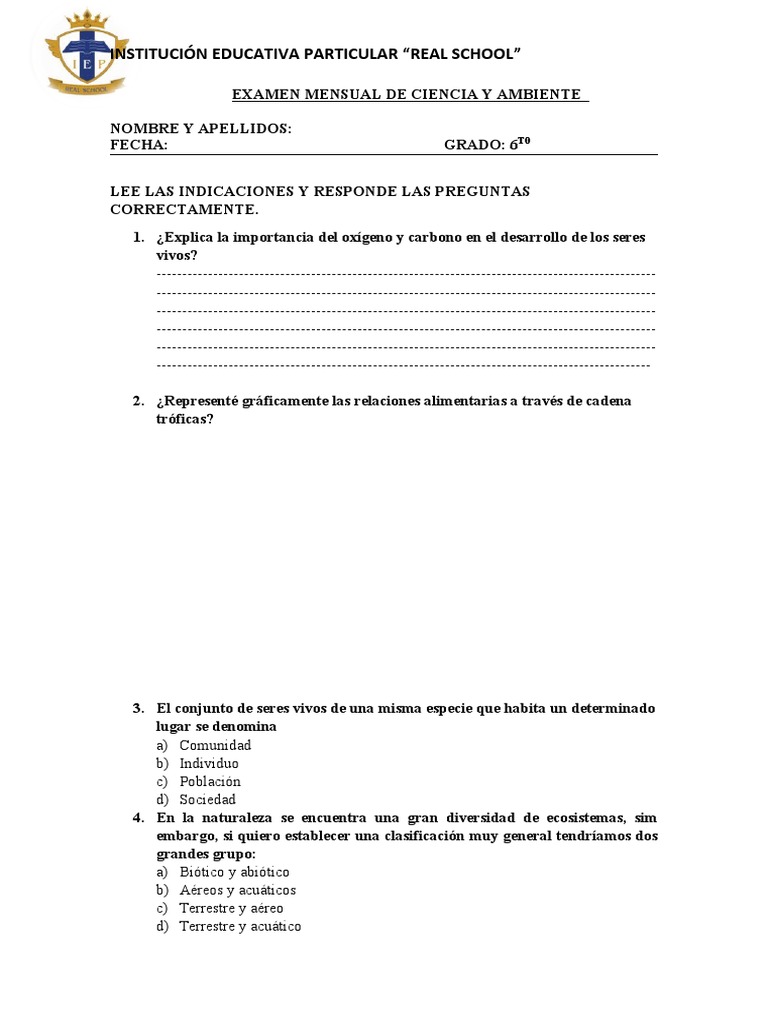Examen Mensual de Ciencia y Ambiente | PDF | Ecosistema | Suelo