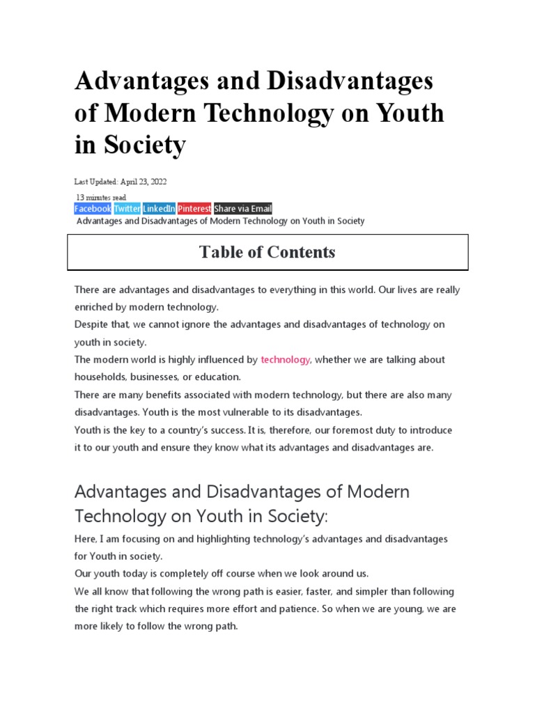 Advantages and Disadvantages of Modern Technology On Youth in Society