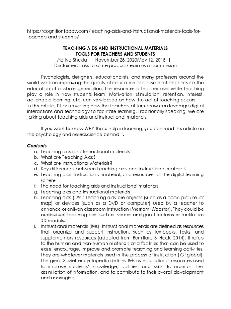 Teaching Aids and Instructional Materials Tools For Teachers and