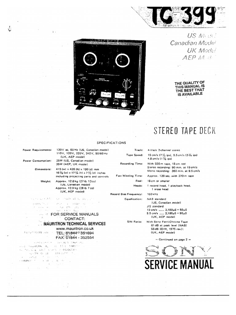 Sony TC 399 Service Manual | PDF