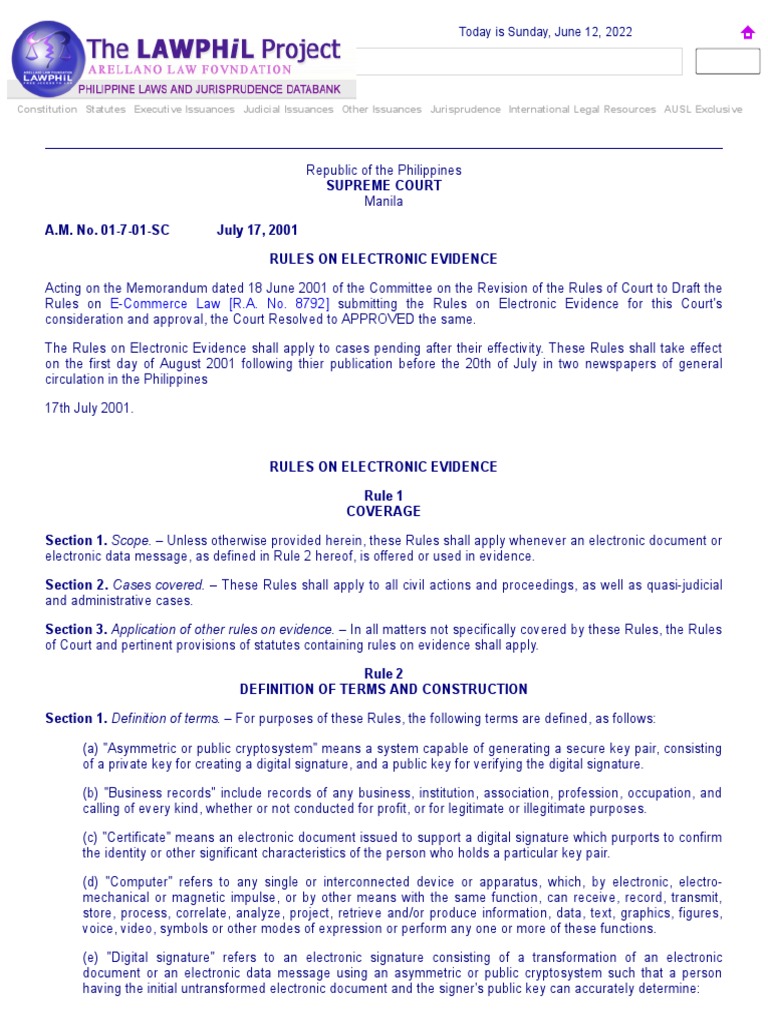 Rules On Electronic Evidence A.M. No. 01701SC PDF Affidavit