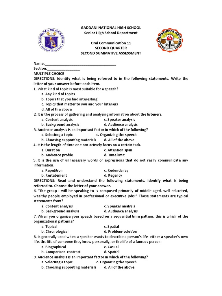 2nd Quarter 2nd Summative Oral Communication PDF Odor Verb