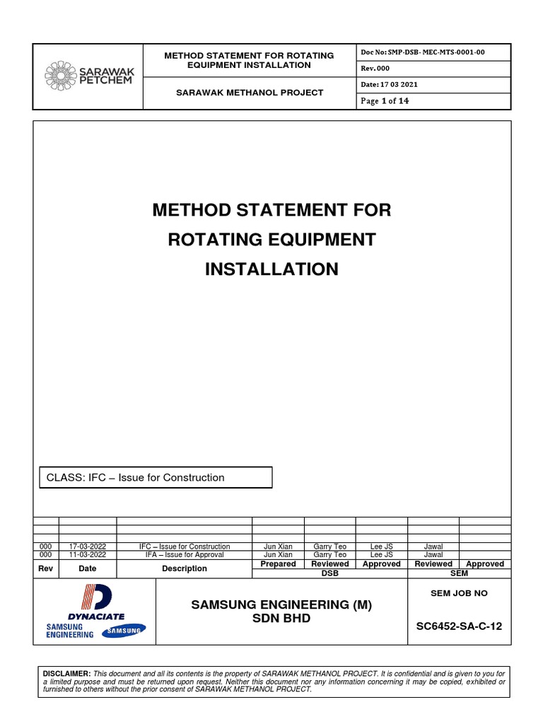 Method Statement of Rotating Equipment Installation PDF Belt