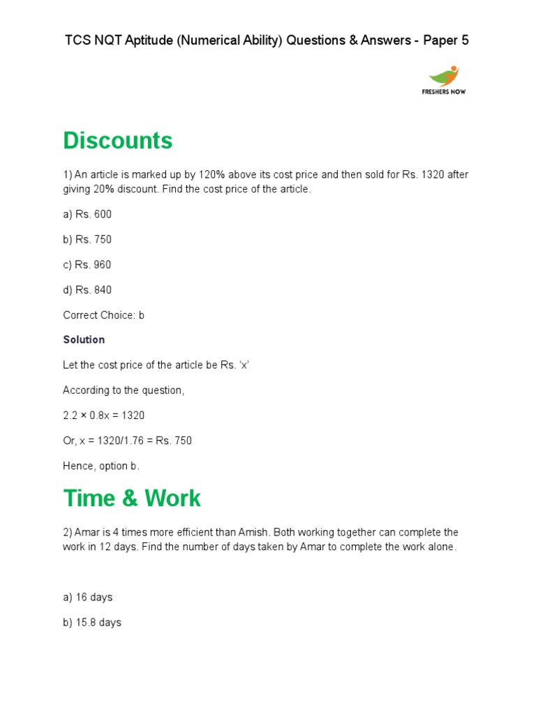 Discounts TCS NQT Aptitude (Numerical Ability) Questions & Answers