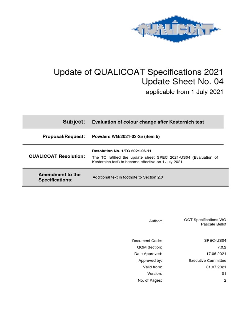 Update of QUALICOAT Specifications 2021 Update Sheet No. 04: Subject ...