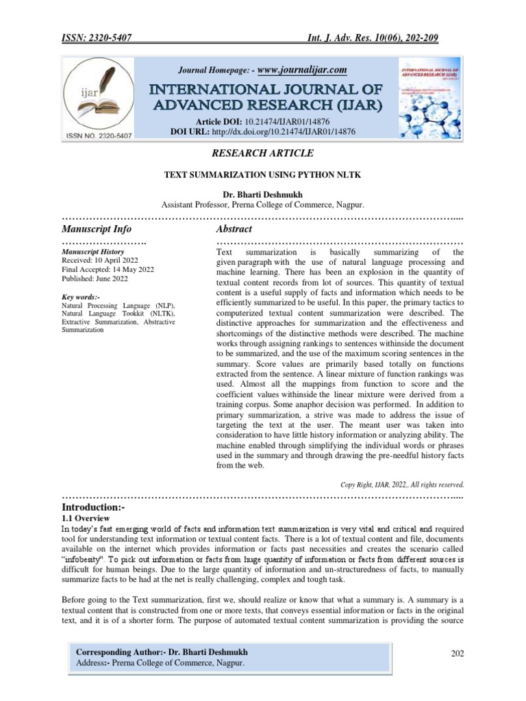 TEXT SUMMARIZATION USING PYTHON NLTK | PDF | Computer Programming ...