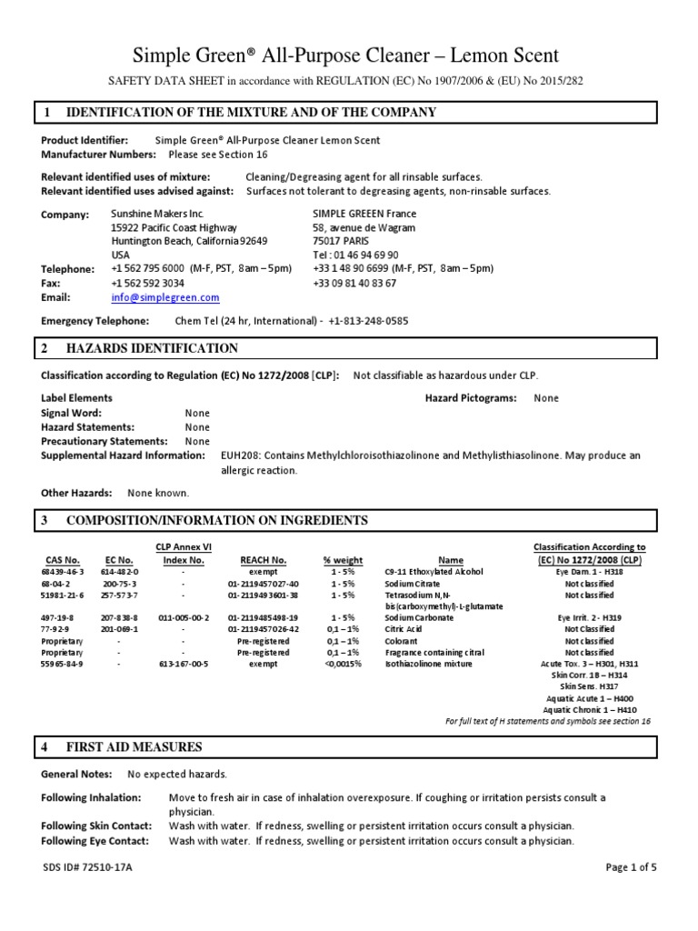 Simple Green AllPurpose Cleaner (Lemon Scent) PDF Dangerous Goods