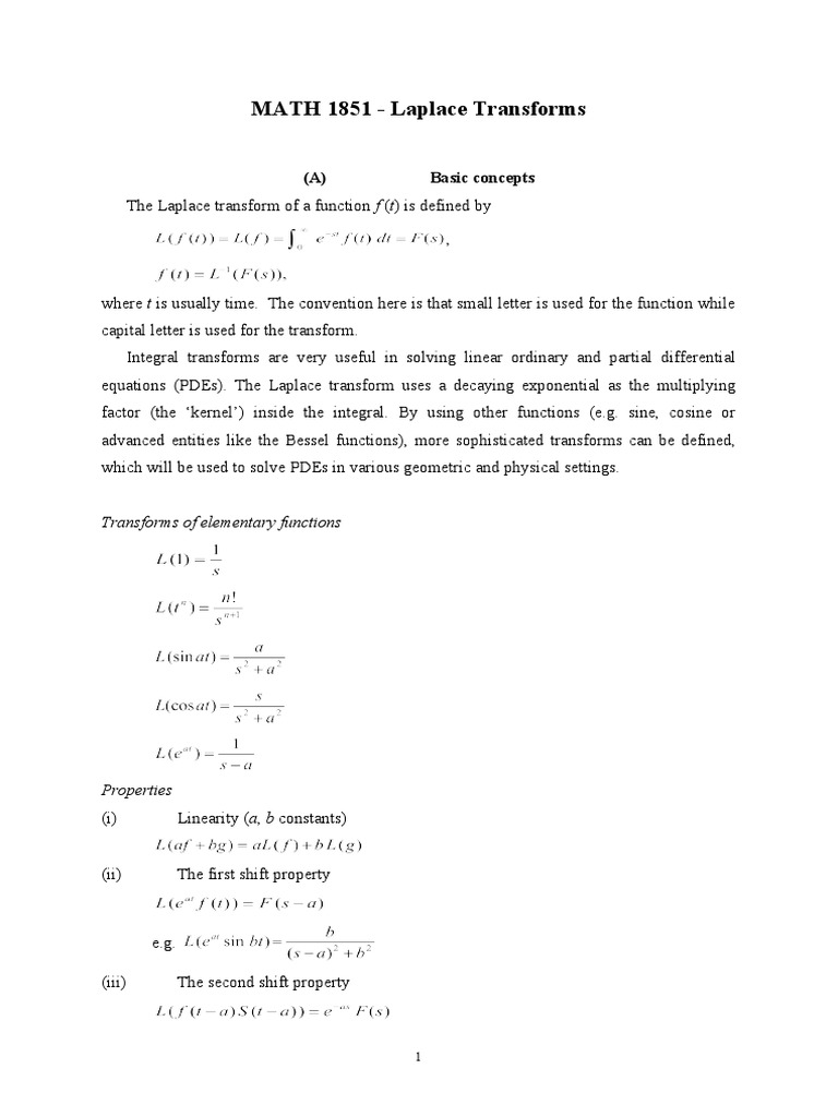 MATH 1851 - Laplace Transforms: (A) Basic Concepts | PDF | Ordinary ...