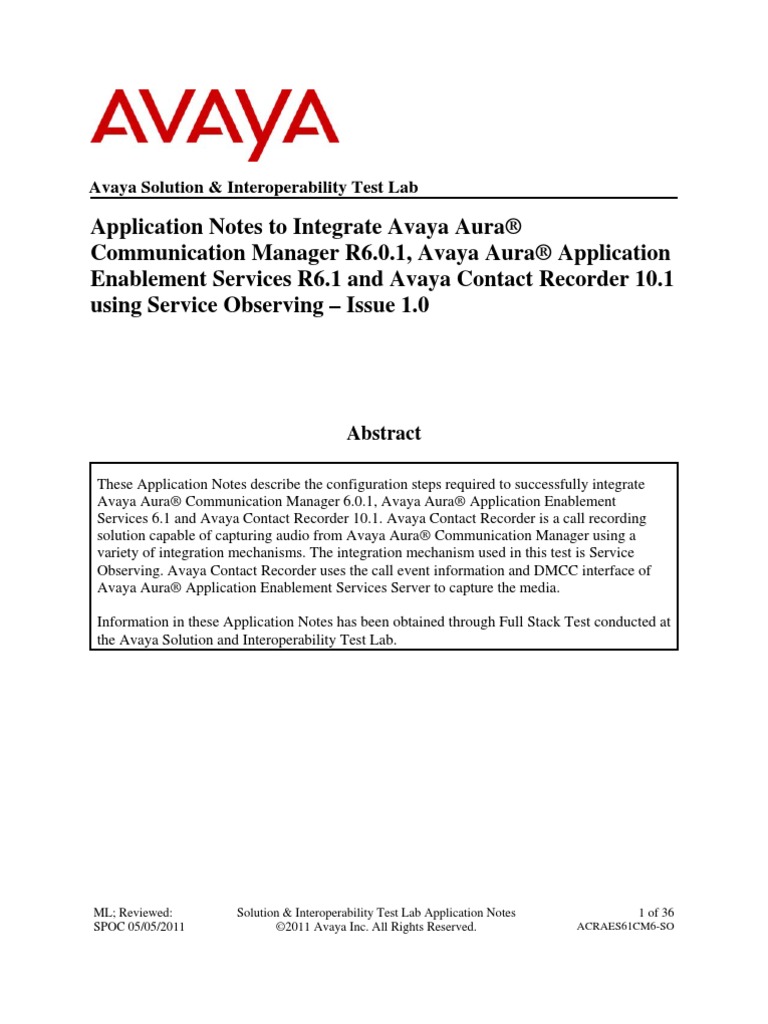 Integrating Avaya AES Via Service Observing PDF Session