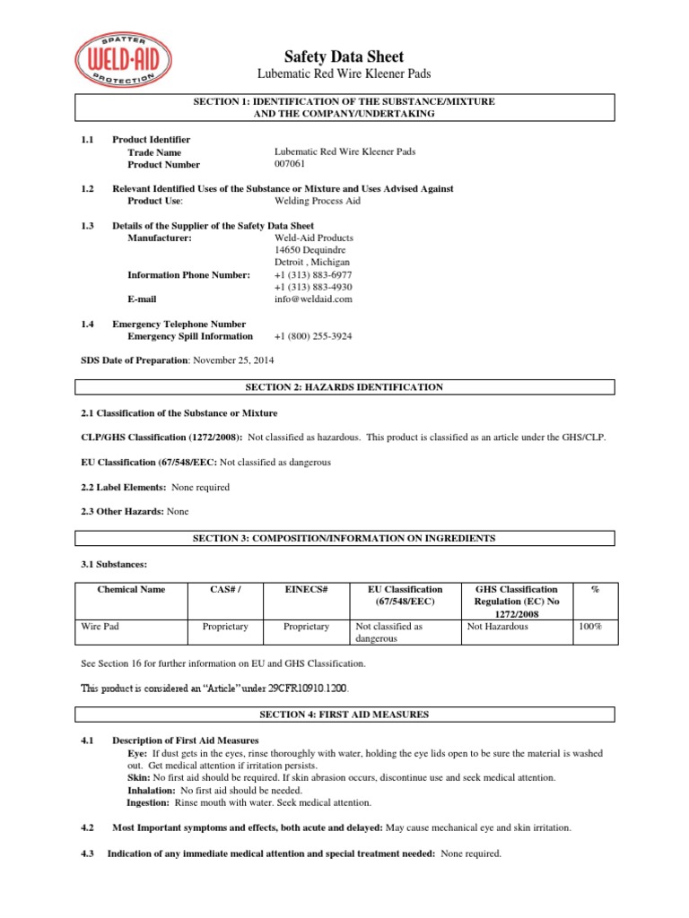 Msds Lubematic Wire - Pads | PDF | Toxicity | Labor Relations
