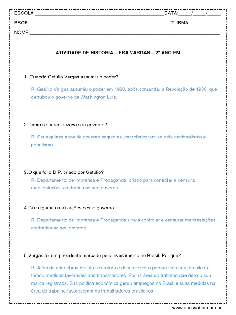 Atividade sobre o governo de Getúlio Vargas: principais características ...