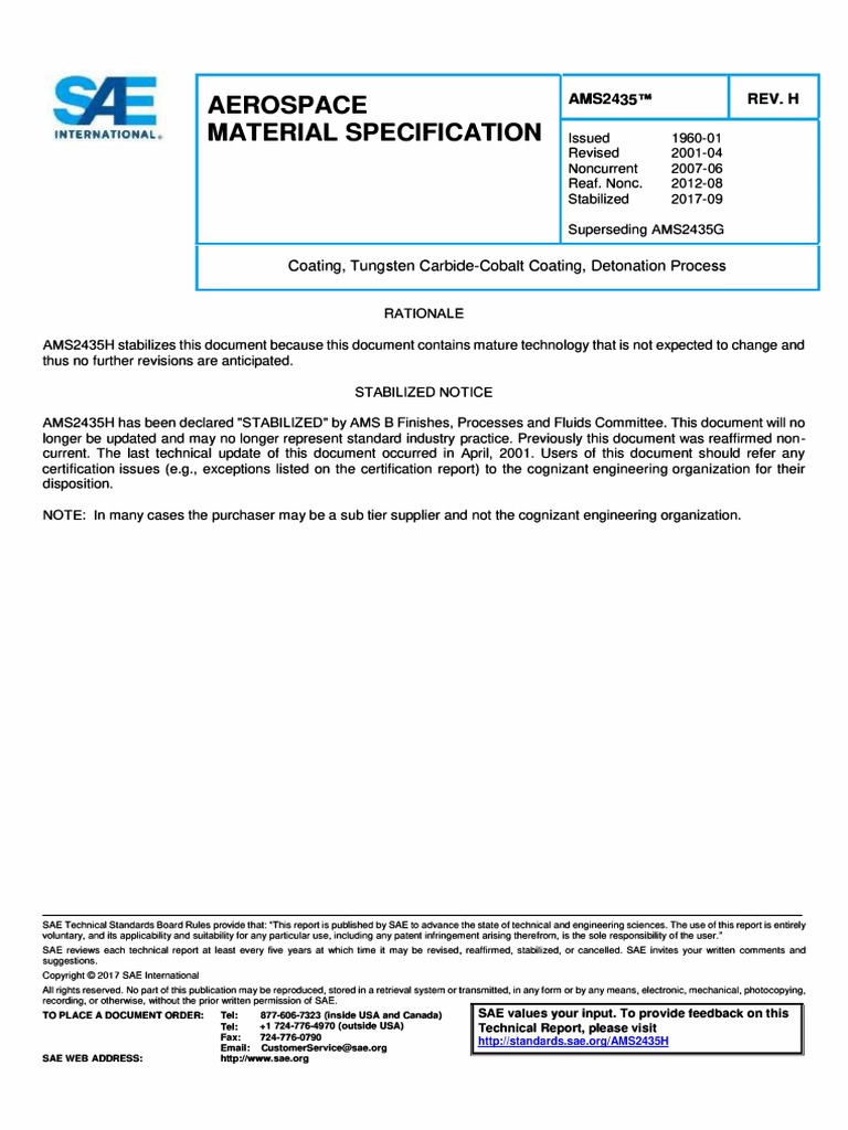 Aerospace Material Specification Coating, Tungsten CarbideCobalt