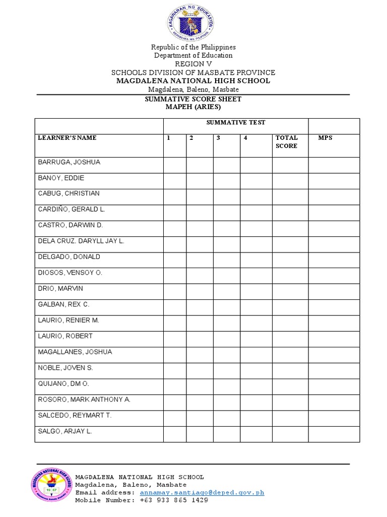 Formative Score Sheet | PDF