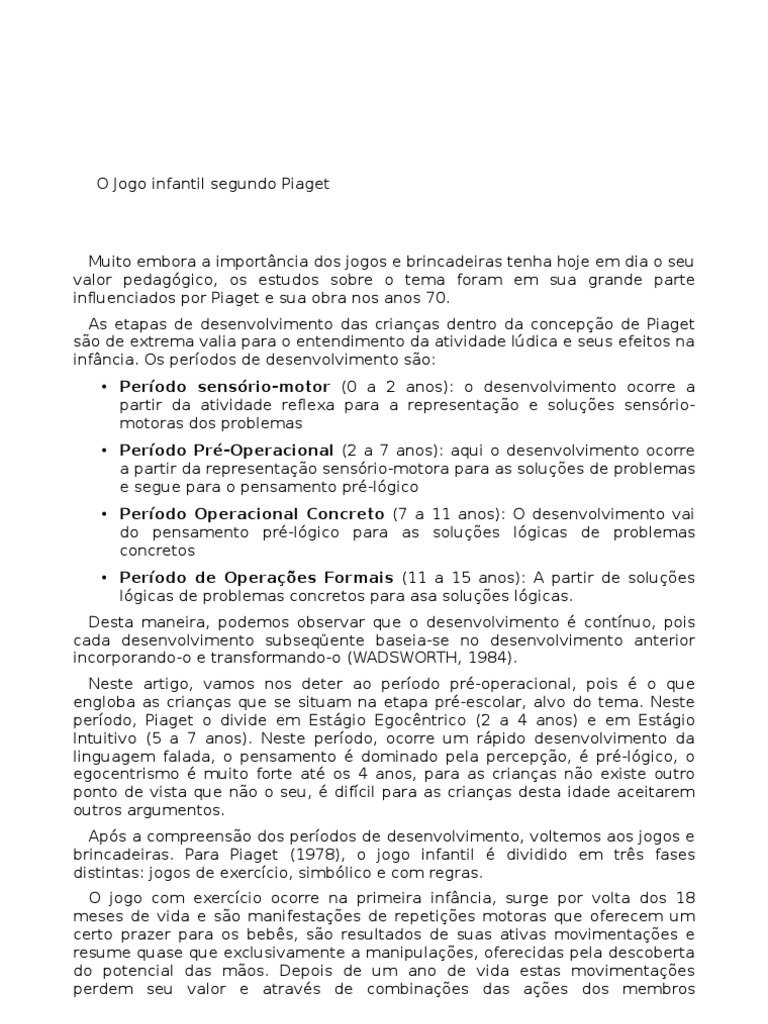 O Jogo Infantil Segundo Piaget
