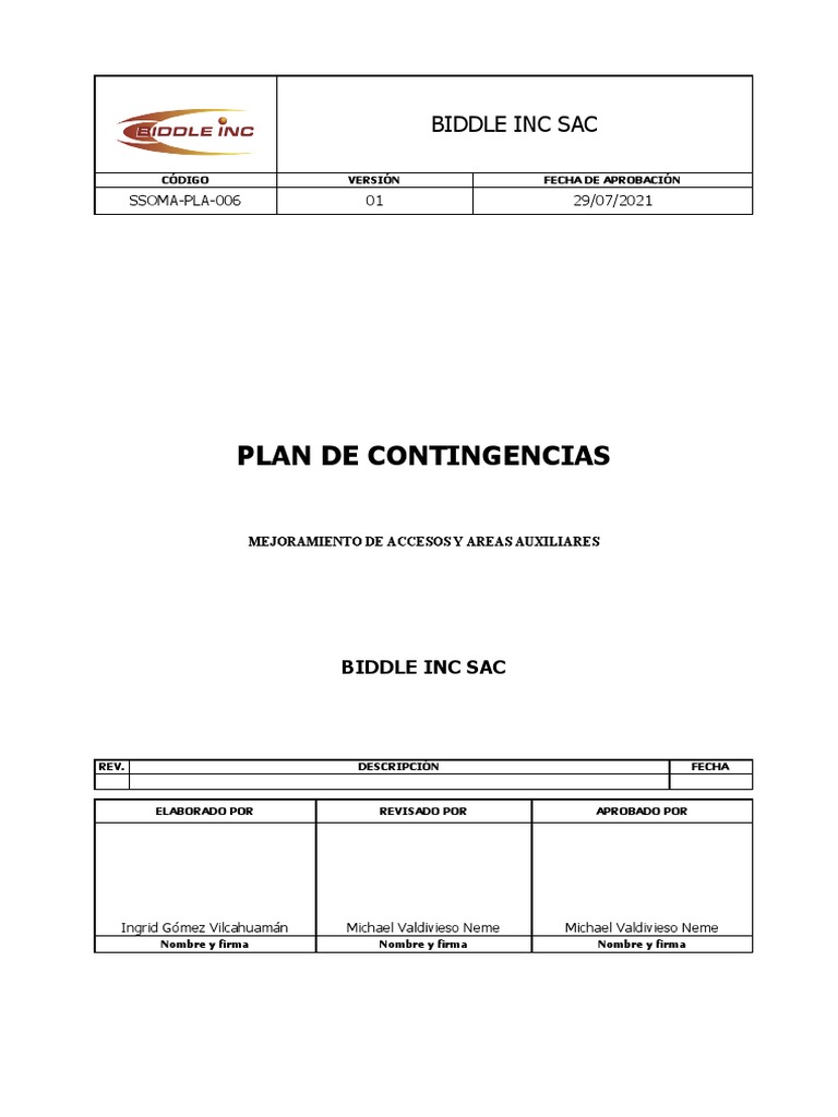 Plan de Contingencias BIDDLE INC SAC | PDF | Quemar | Primeros auxilios