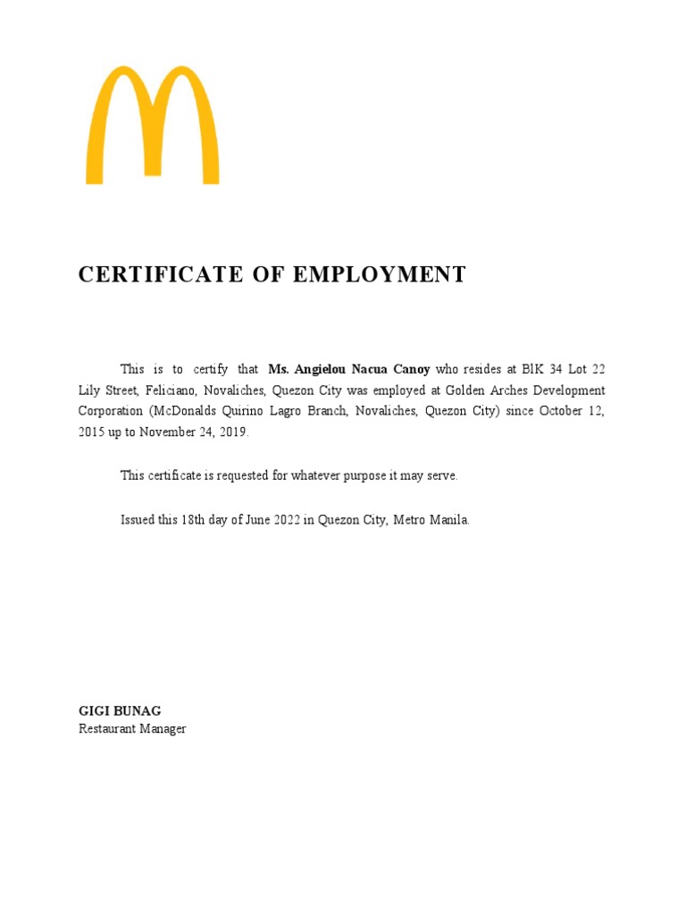 Certificate of Employment: Gigi Bunag | PDF