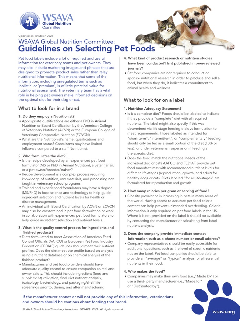 Selecting A Pet Food For Your Pet Updated 2021 WSAVA Global Nutrition