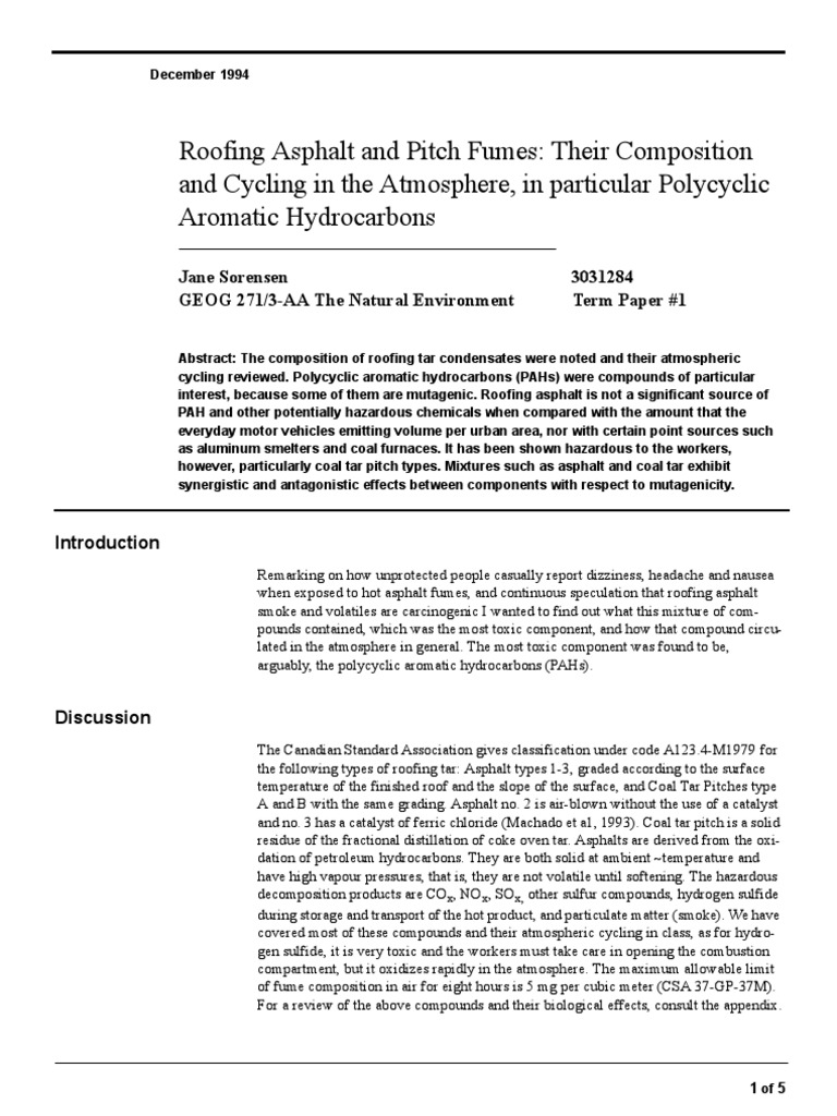 Polycyclic Aromatic Hydrocarbons and Roofing Tar Pitch Fumes Download