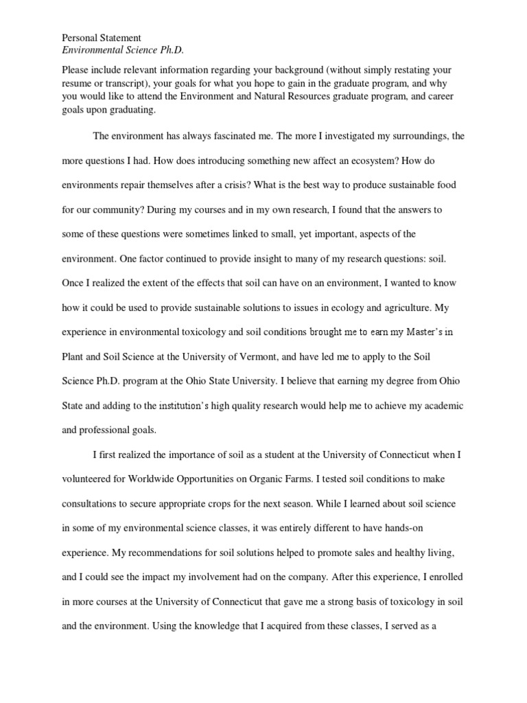 Soil Science Ph.D. Personal Statement | PDF | Sustainability | Science