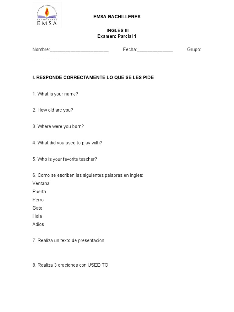 Examen Parcial Inglés III EMSA | PDF