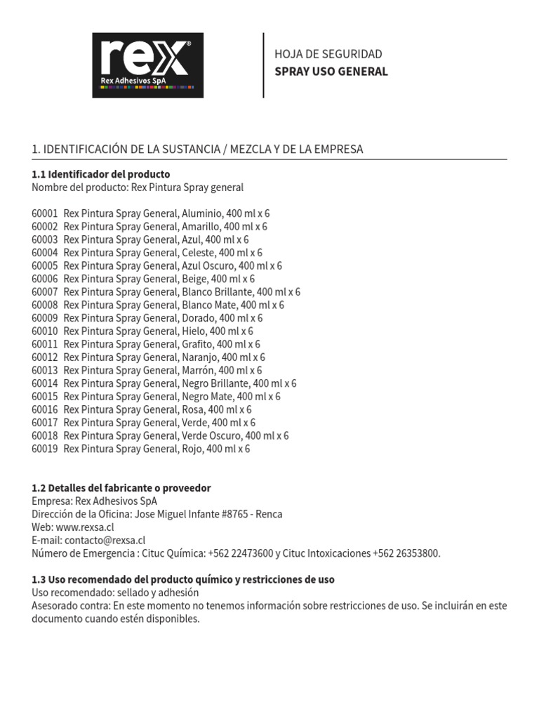 Hoja de Seguridad Pintura Spray Rex | PDF | Agua | Residuos