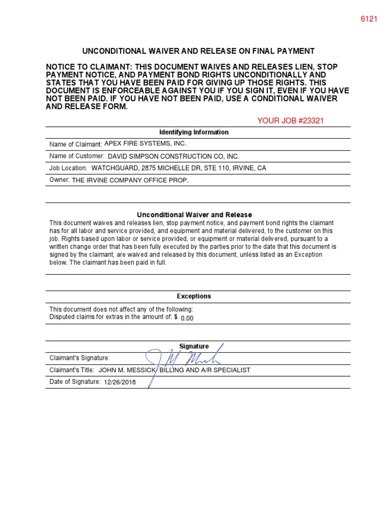 Unconditional Waiver and Release Form | PDF | Finance & Money Management