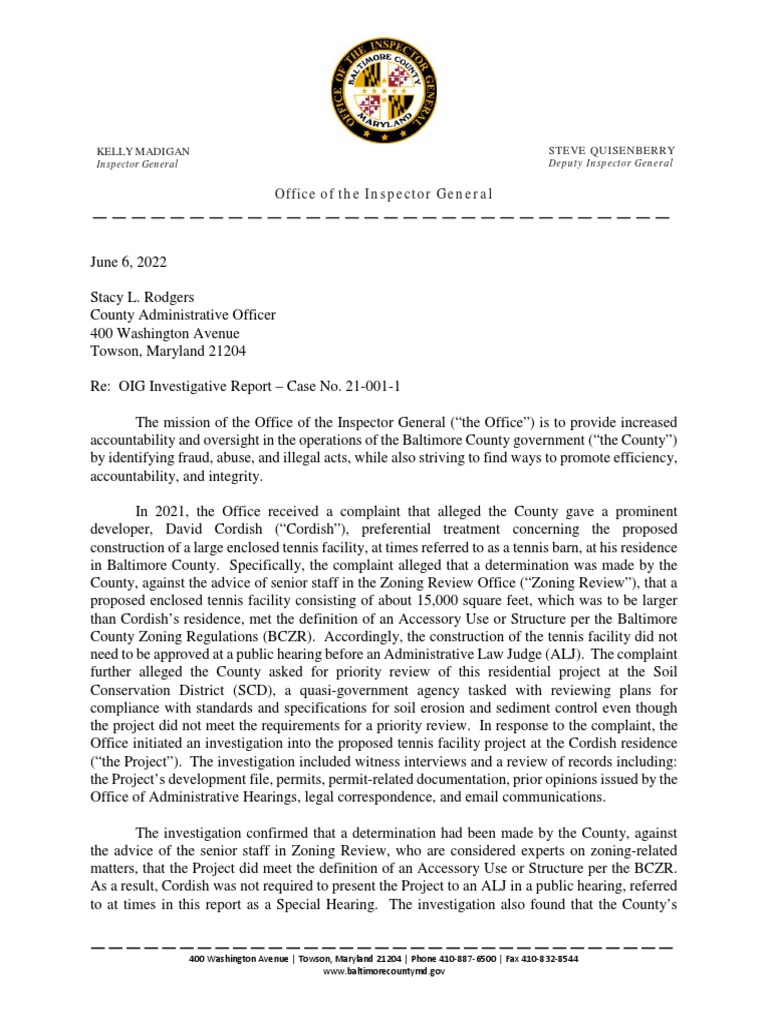 Inspector General Report Olszewski - Cordish | PDF | Zoning