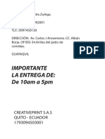 Importante La Entrega De: de 10am A 5pm: Creativeprint S.A.S Quito - Ecuador 1793094503001