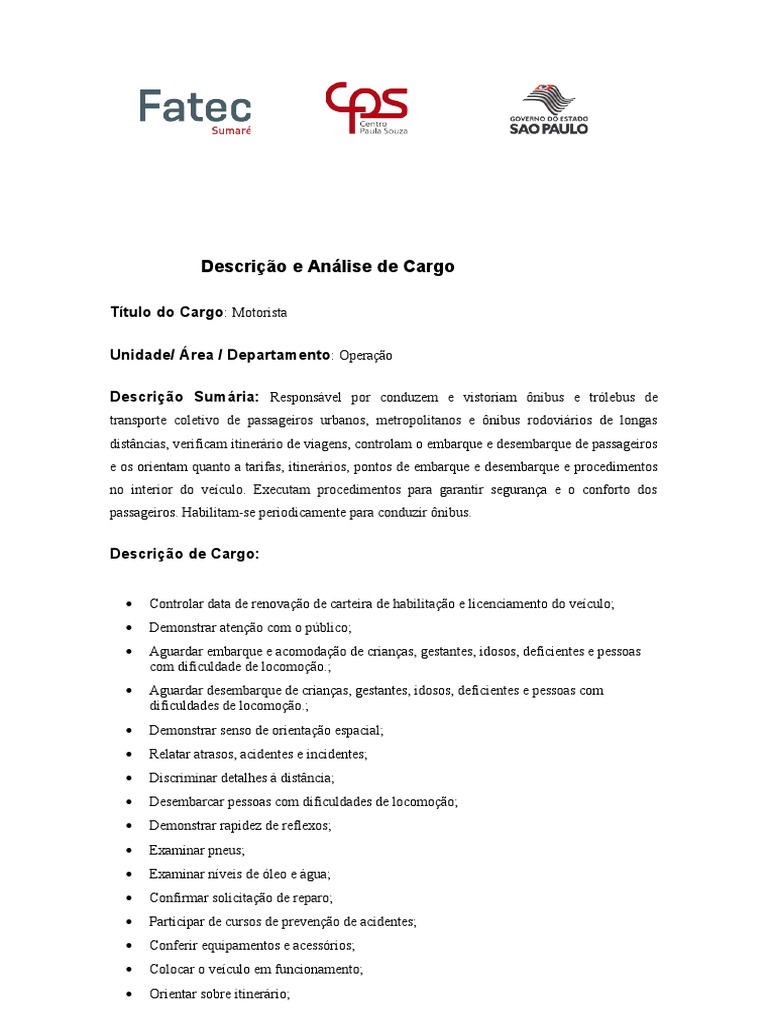Descrição de Cargo Operação | PDF | Tráfego | Transporte terrestre