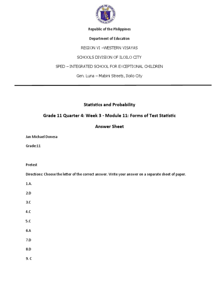 Statistics and Probability Grade 11 Quarter 4 Week 3 Module 11