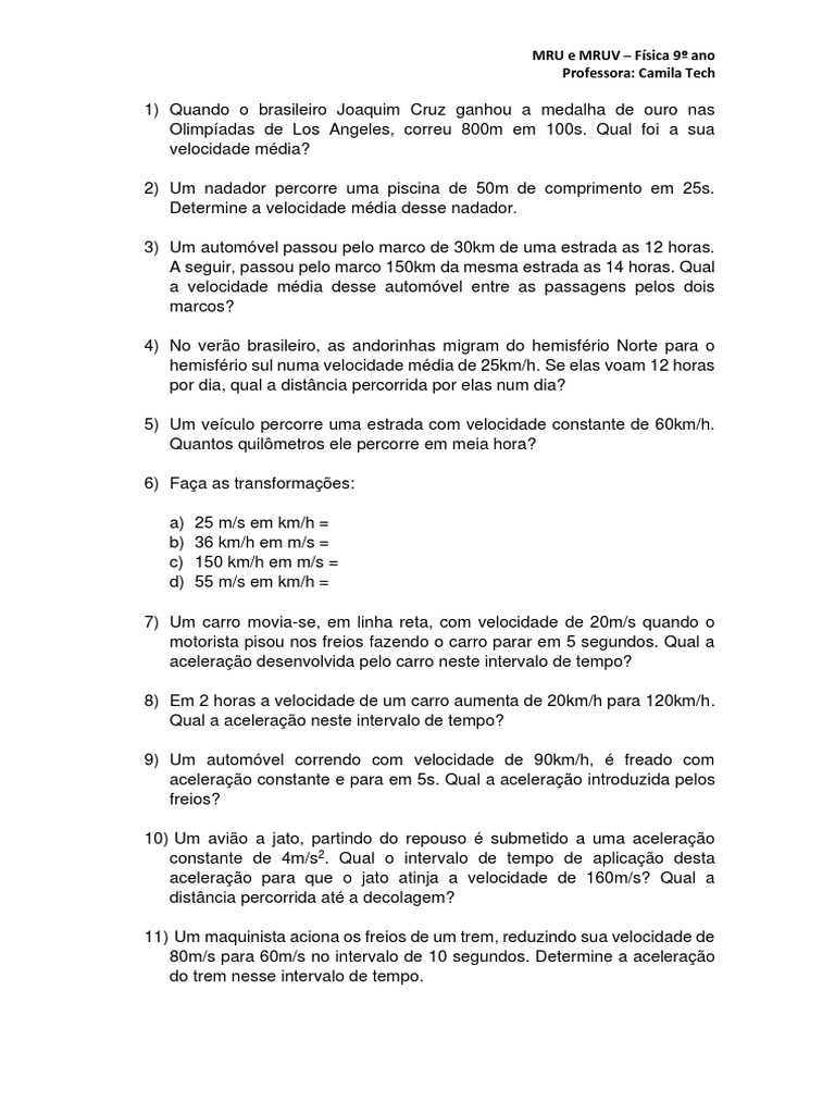 MRU e MRUV - Exercícios de Física | PDF | Velocidade | Física