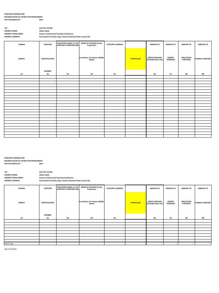 Template for summary list of sales and purchases pdf receipt invoice