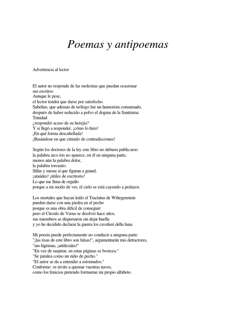Parra, Nicanor Poemas y Anti Poem As PDF Poesía Vino