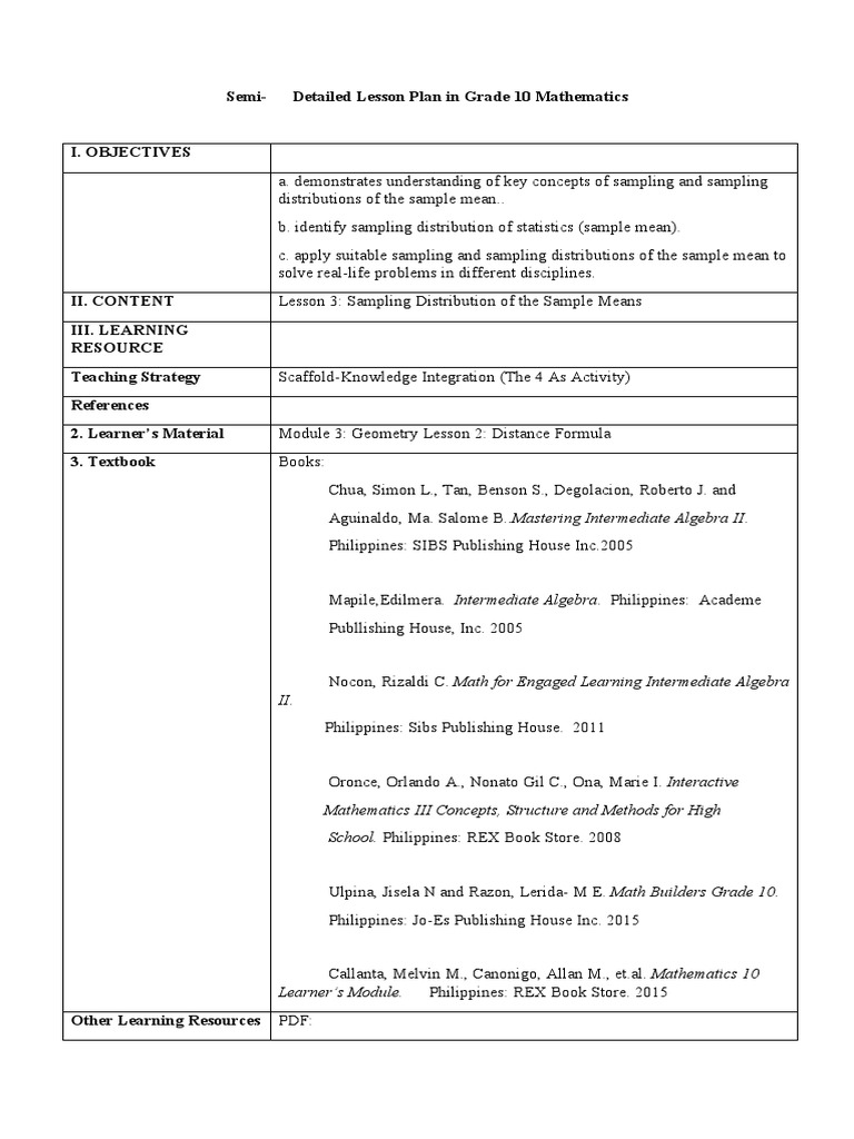 Grade 10 Mathematics Lesson Plan: Sampling | PDF | Teaching Mathematics ...
