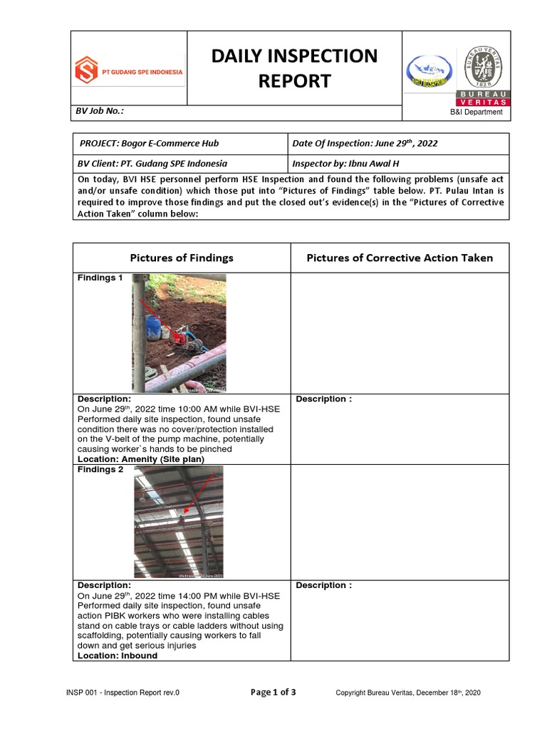 Daily HSE Inspection Report - Bogor Hub | PDF | Equipment ...