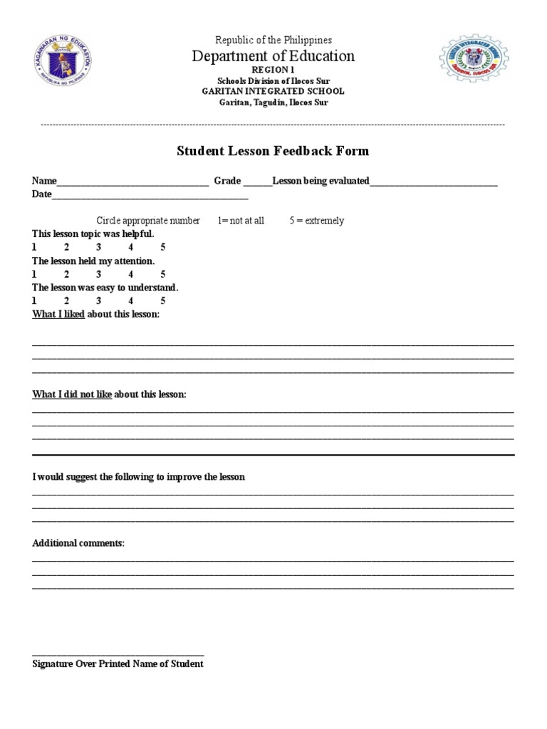 Student Lesson Feedback Form | PDF | Learning | Education Theory