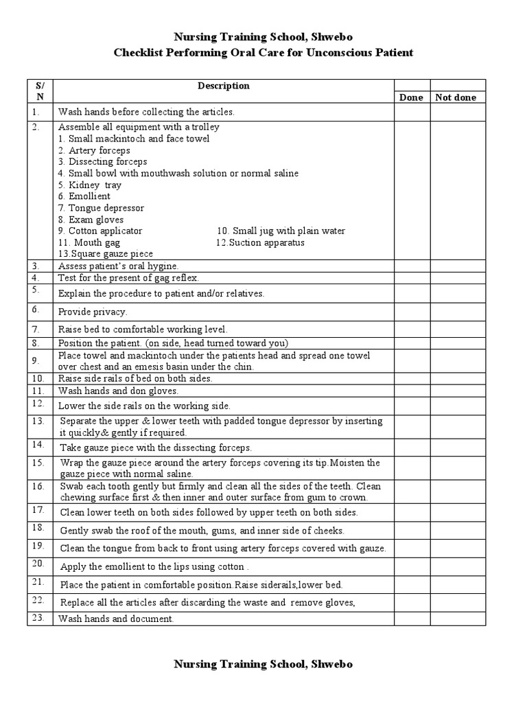 Nursing Training School, Shwebo Checklist Performing Oral Care For Unconscious Patient PDF