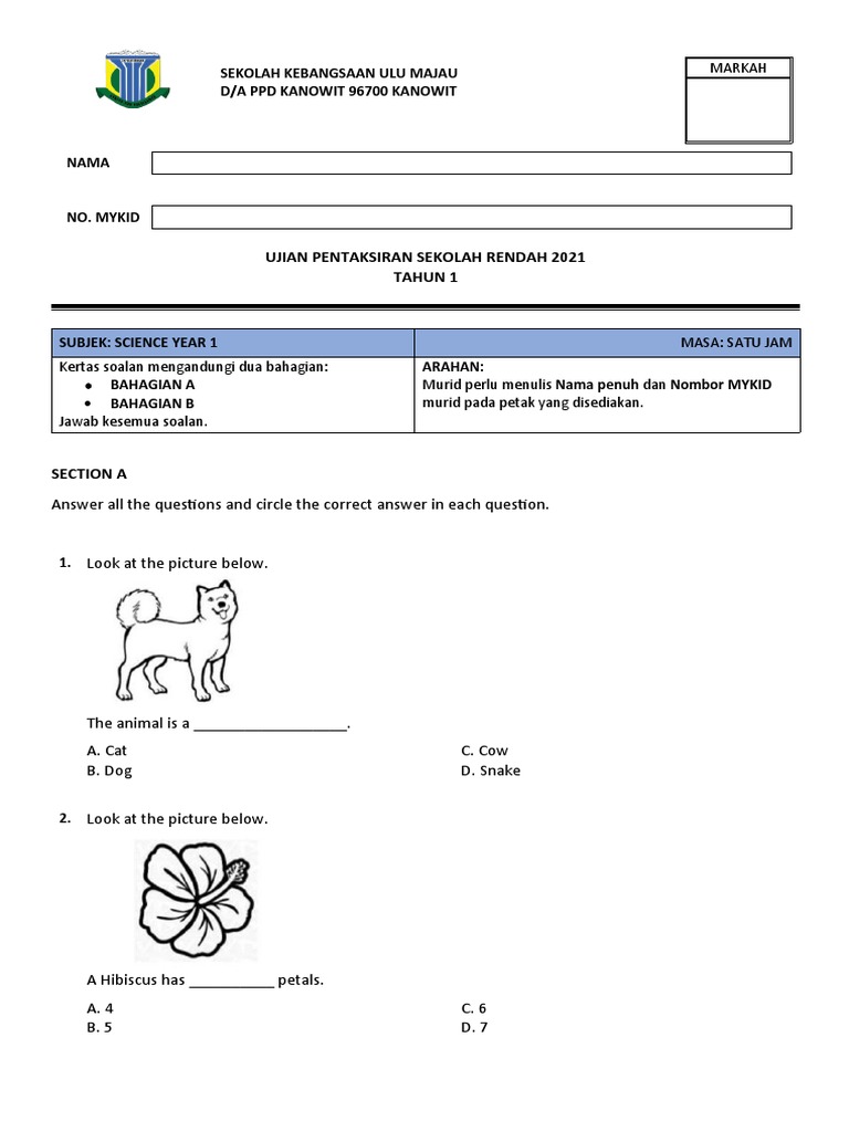 Year 1 Science Exam Paper 2021 | PDF | Organisms