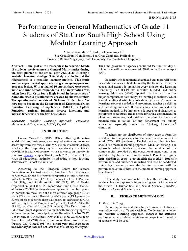 Grade 11 Math Performance: Modular Learning | PDF | Student's T Test ...