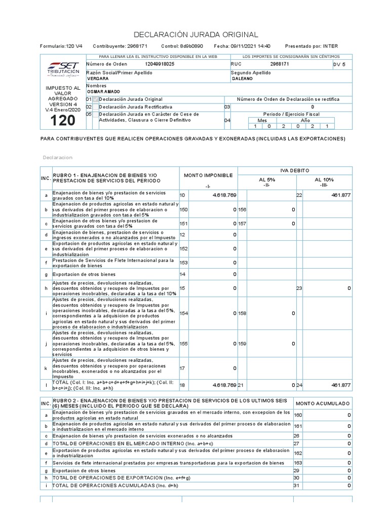 Declaración Jurada de IVA 2021 | PDF | Impuesto al valor agregado ...