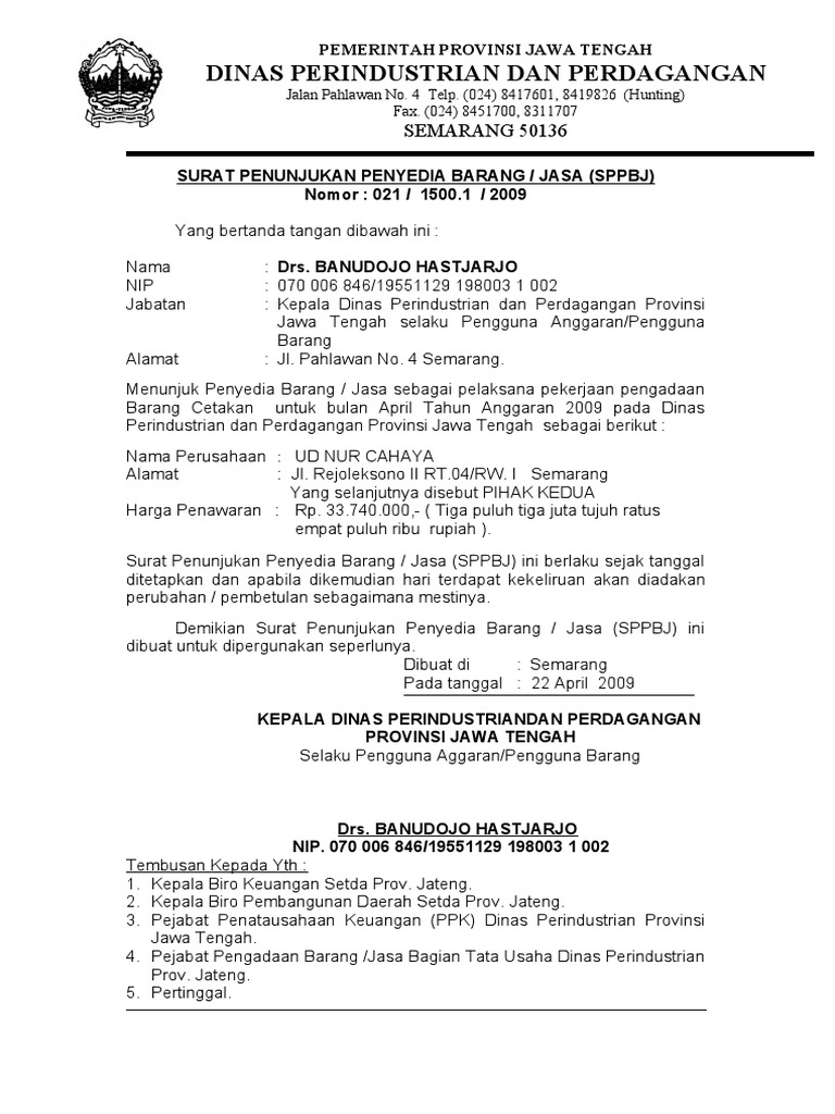 Surat Penunjukan Penyedia Barang | PDF