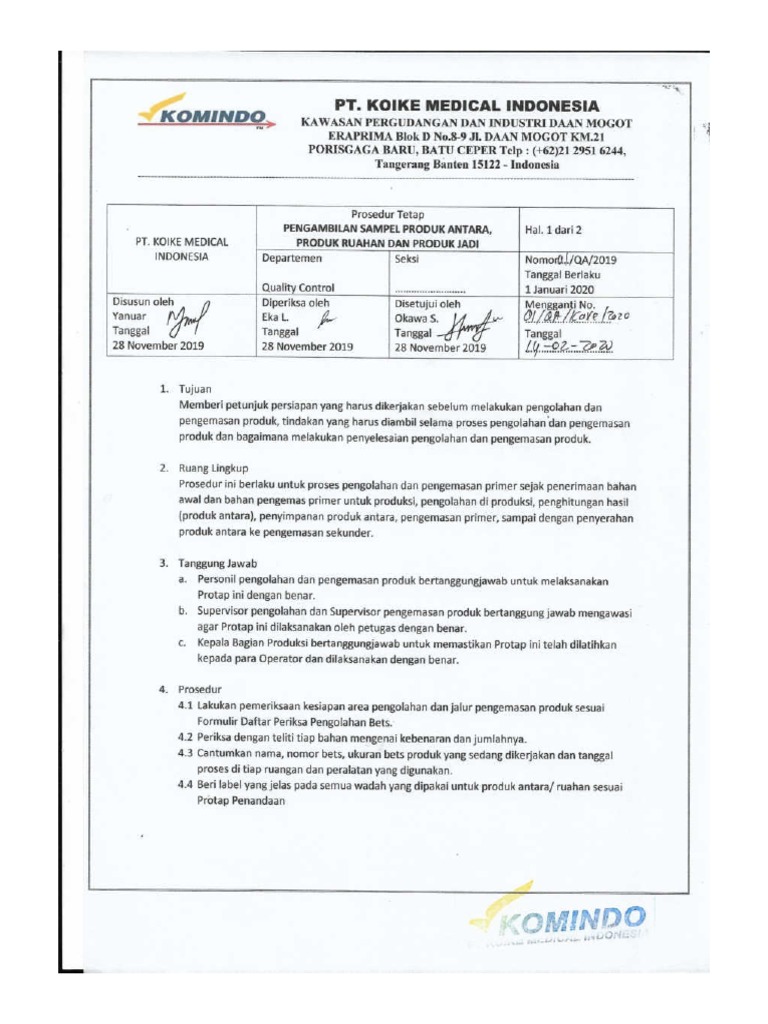 SOP Pengambilan Sampel Produk PDF