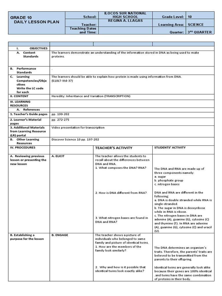 Grade 10 Daily Lesson Plan | PDF | Dna | Rna