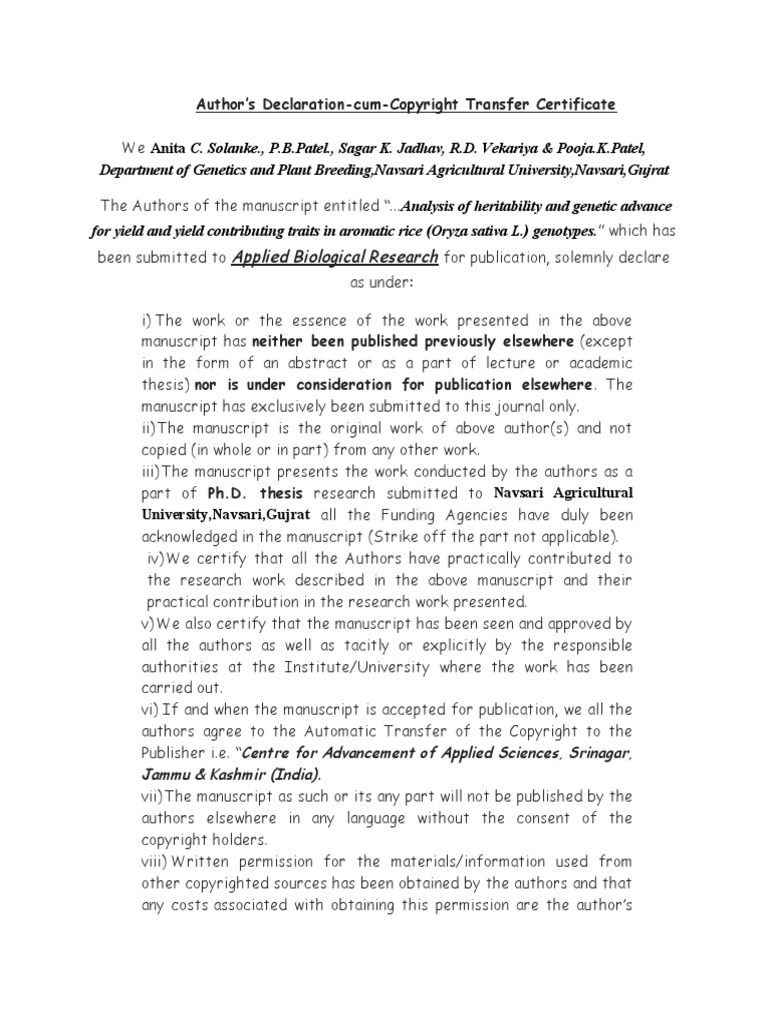 Author's Declaration-Cum-Copyright Transfer Certificate | PDF