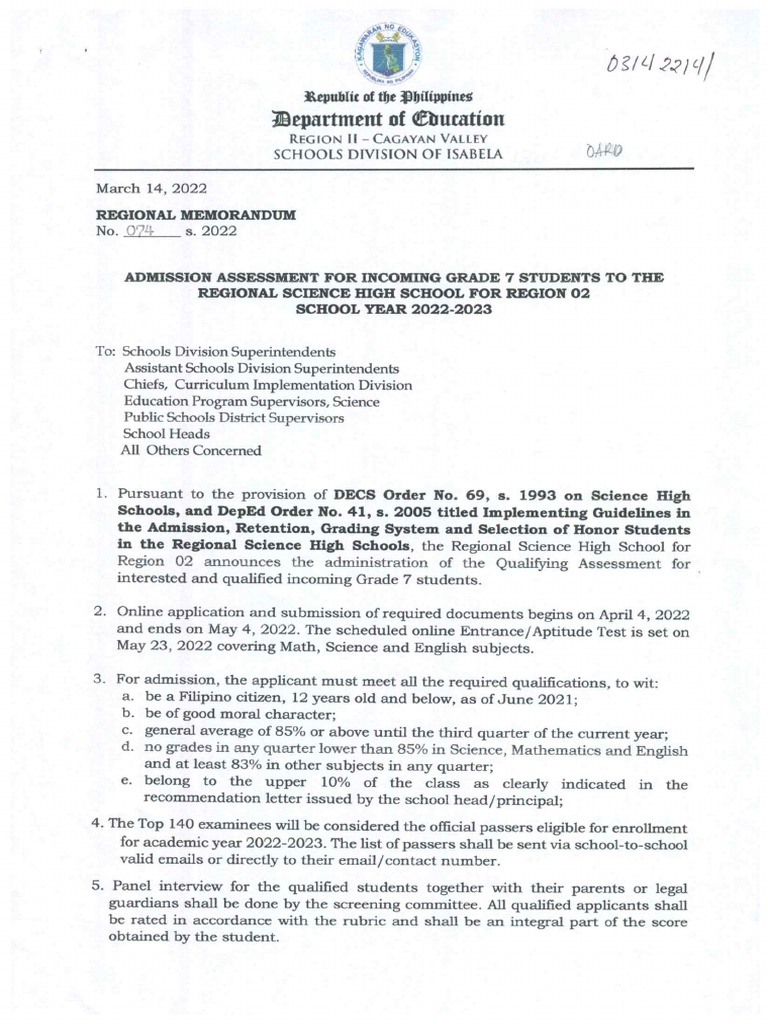 Rm. No. 074 S. 2022 Admission Assessment For Grade 7 Students