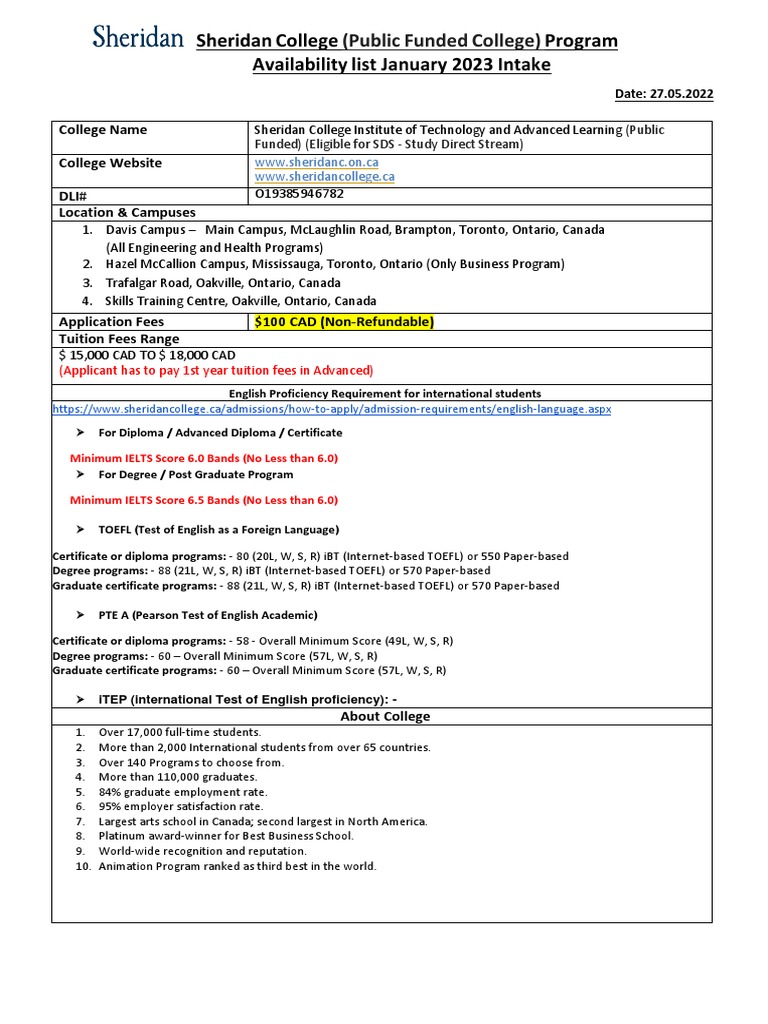 Sheridan College 2023 Admission Guide | PDF | Fee | Postgraduate Education