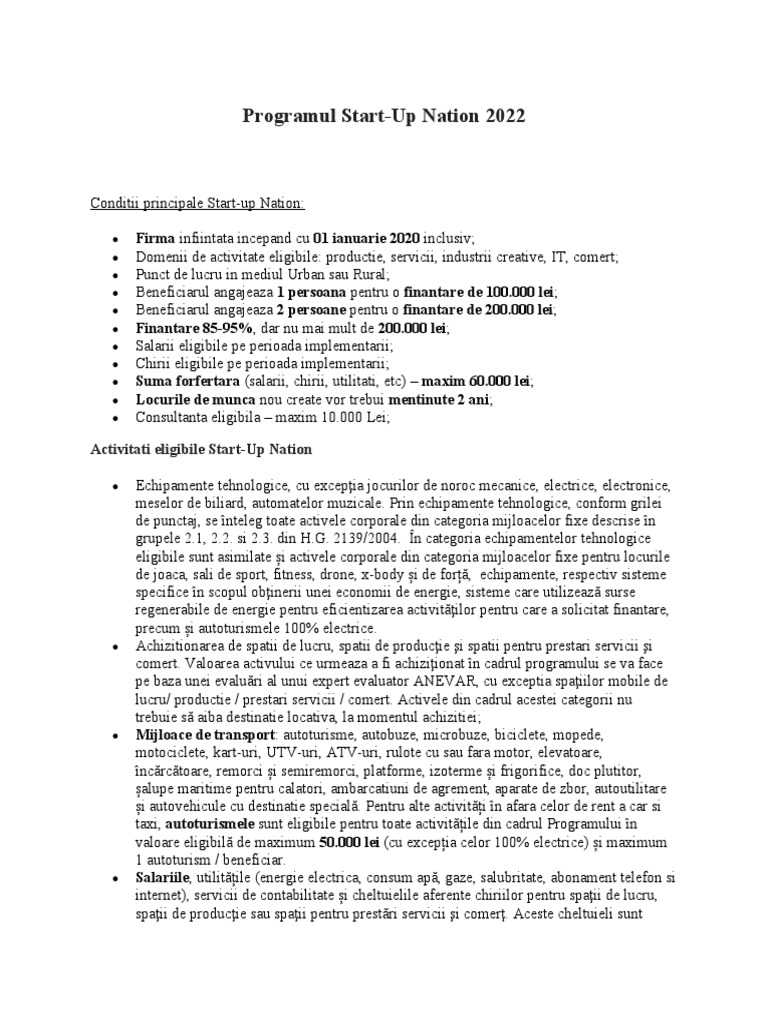 Activitati Eligibile StartUp Nation PDF